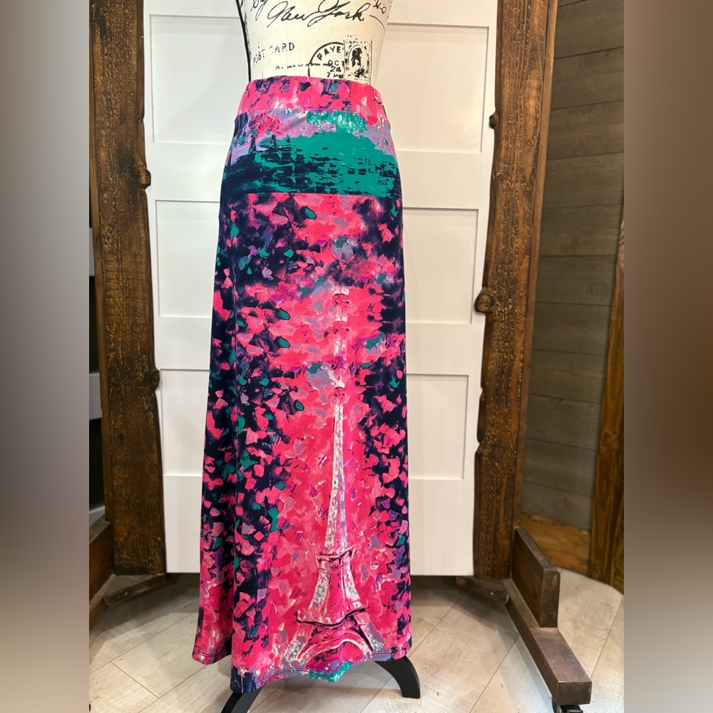 E & K Maxi Skirt Medium Pink Green Boho Flowy Long Skirt Vibrant Pattern